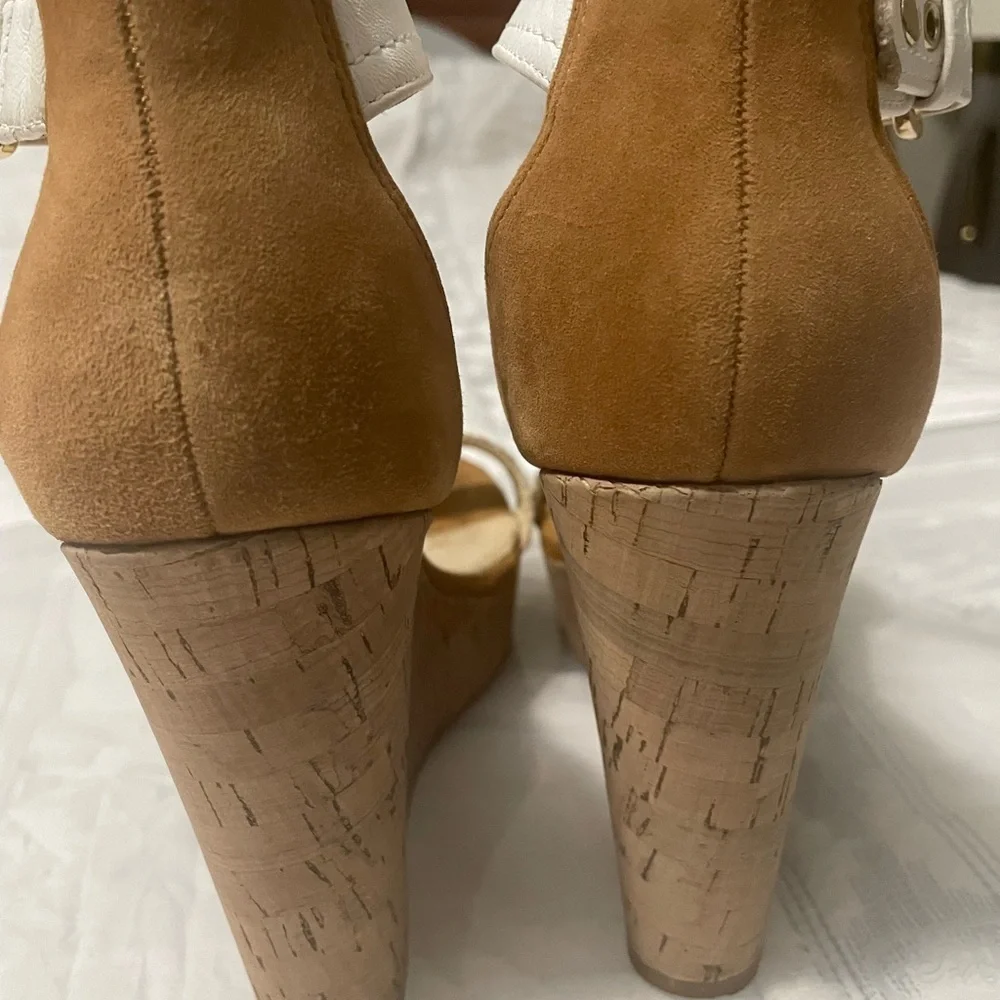 Mark Fisher beige suede and snake embossed ankle strap cork‎ wedges.